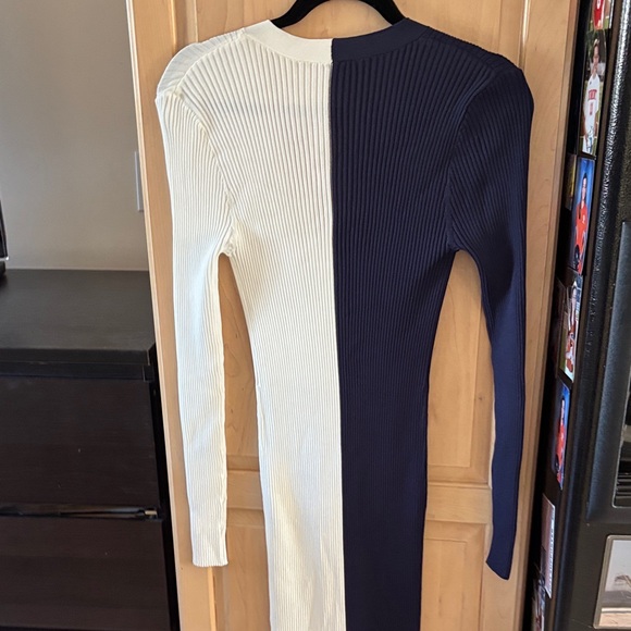 STAUD Navy White Shoko Color Block Long Sleeve Button Ribbed Dress-M - Picture 5 of 8